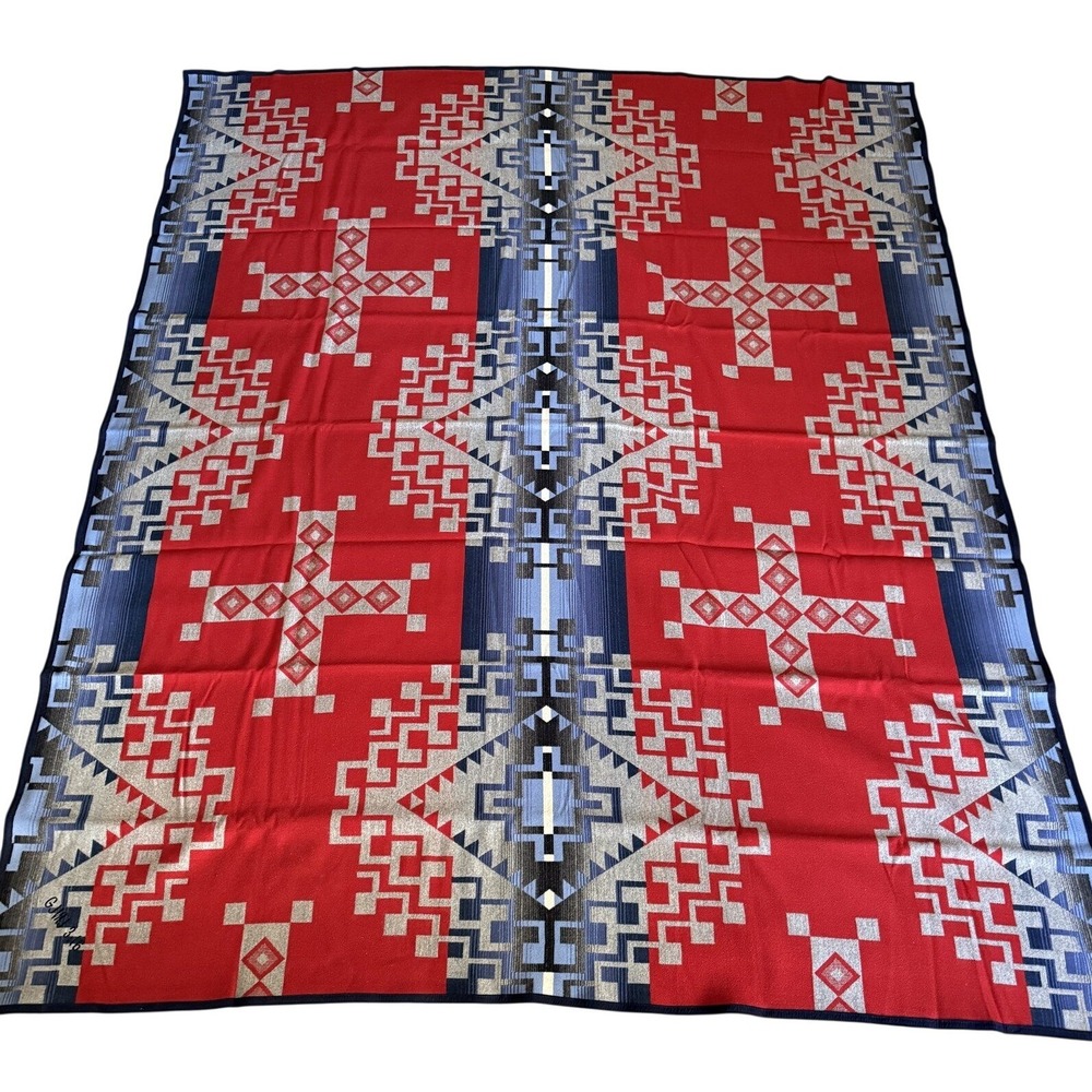 Pendleton Ruby River Wool Blanket King 108x90 Red Blue Southwestern Tribal Aztec